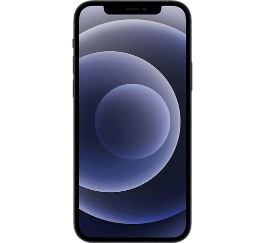Front view of a refurbished Apple iPhone 12 64GB, Grade B with a dark frame and a blue abstract wallpaper displayed on the screen.
