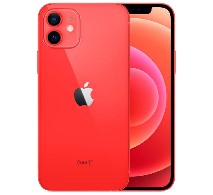 Önden ve arkadan gösterilen kırmızı renkli, B Sınıfı - YENİLENMİŞ bir Apple iPhone 12 256 GB; çift lensli kamera sistemine ve üzerinde dairesel kırmızı bir grafik bulunan bir ekrana sahiptir.