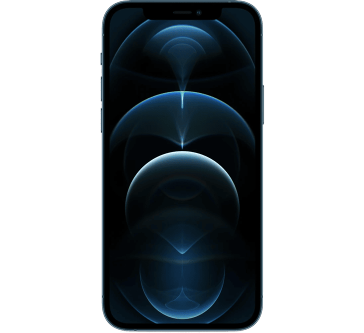 Ekranında parlak mavi eşmerkezli daireler görülen, koyu mavi renkli, B Sınıfı - YENİLENMİŞ bir Apple iPhone 12 Pro 256 GB modelinin önden görünümü.