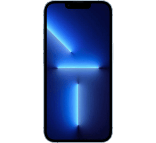 A refurbished Apple iPhone 13 Pro 256GB, Grade B with a black, light-up screen displaying a glowing blue abstract graphic.