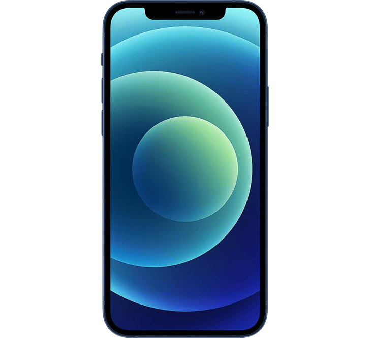 Front view of an Apple iPhone 12 256GB, Grade B - REFURBISHED in dark blue, featuring a rounded-corner touchscreen that displays a blue and green circular abstract wallpaper.