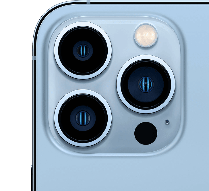Close-up view of the triple-lens camera system on the back of a light blue Apple iPhone 13 Pro 256GB, Grade B - REFURBISHED.