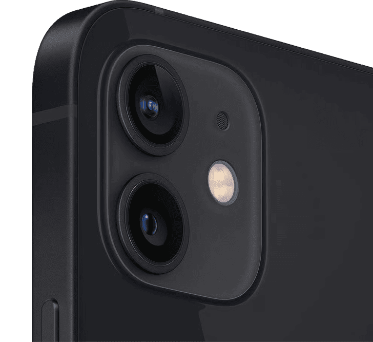 Close-up of the dual-lens rear camera module and LED flash on an Apple iPhone 12 128GB, Grade B - REFURBISHED.
