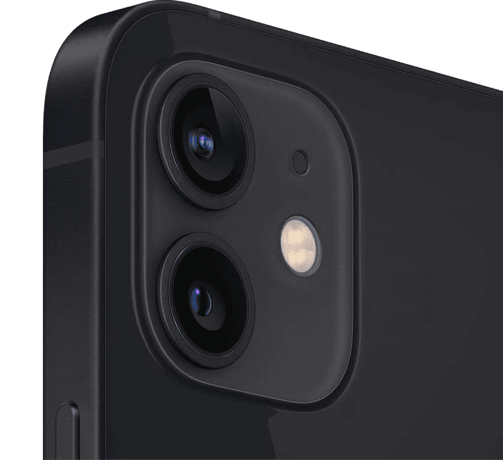 Close-up of the rear camera module on a black Apple iPhone 12 64GB, Grade B - REFURBISHED, featuring two lenses and a flash.