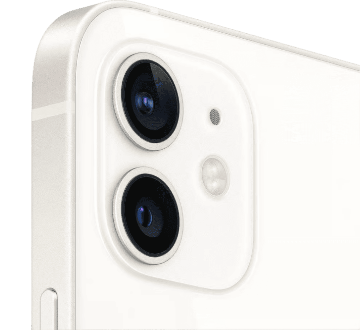 Apple iPhone 12 128 GB, B Sınıfı - YENİLENMİŞ modelinde bulunan, iki lens ve bir flaş içeren arka kamera dizisinin yakın çekimi.