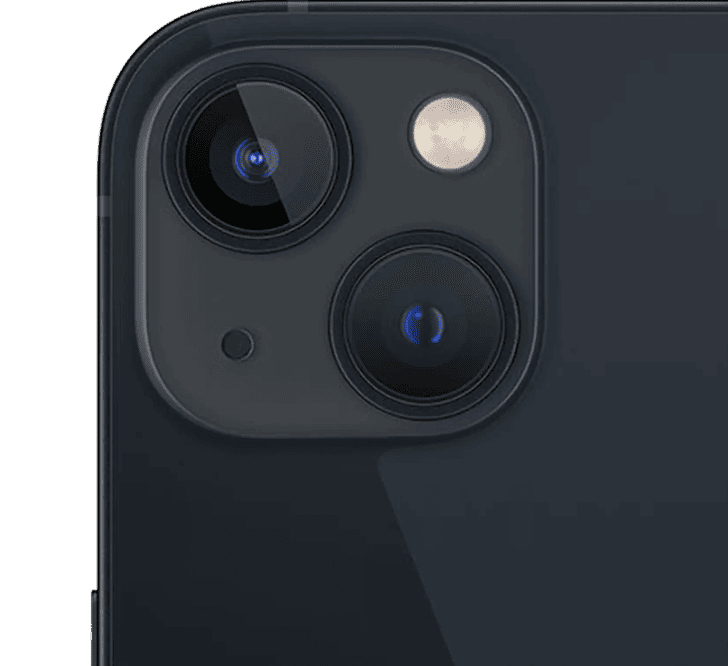 Close-up of a refurbished Apple iPhone 13 Mini 256GB, Grade B featuring a diagonal dual-camera array and a circular flash.