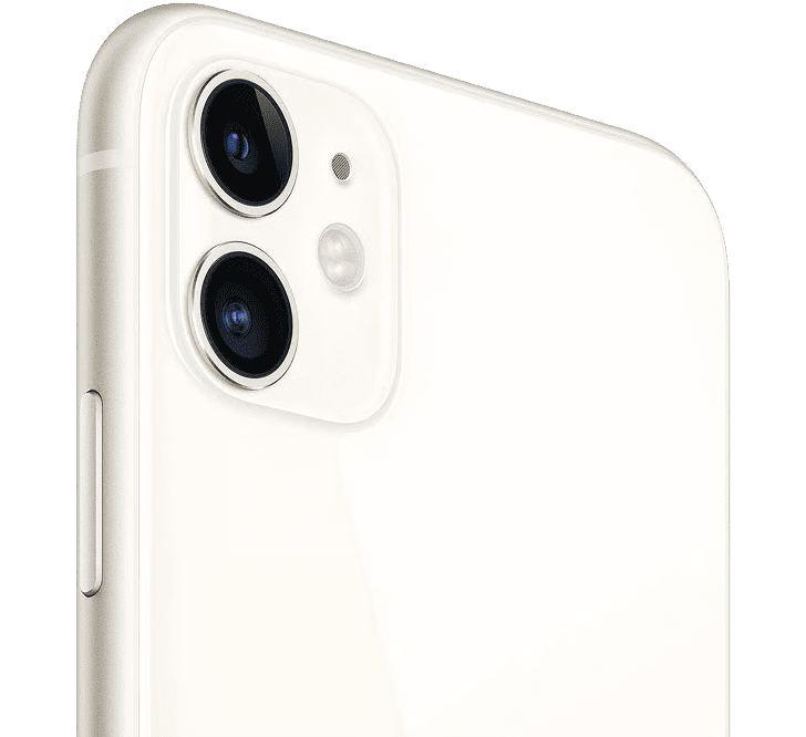 Beyaz renkli, 64 GB kapasiteli, B Sınıfı - YENİLENMİŞ bir Apple iPhone 11’in arka yüzünün yakın çekimi; fotoğrafta dikey olarak dizilmiş iki kamera merceği görülüyor.