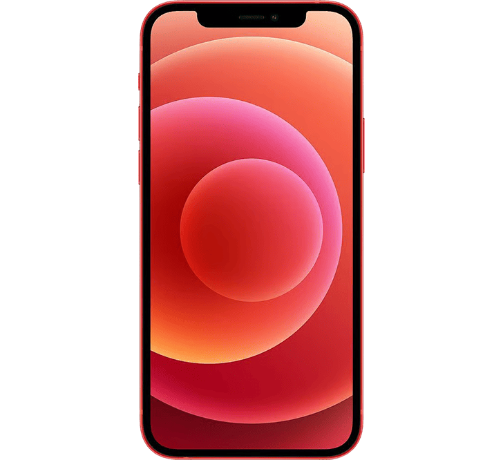 Yenilenmiş Apple iPhone 12 256 GB, B sınıfı, kırmızı renkli, çentikli ekranında kırmızı ve turuncu renkli dairesel soyut bir arka plan bulunan model.