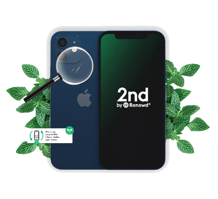 A dark blue Apple iPhone 12 256GB, Grade B - REFURBISHED shown from both sides, with a magnifying glass highlighting light scratches and visible user traces on the back.