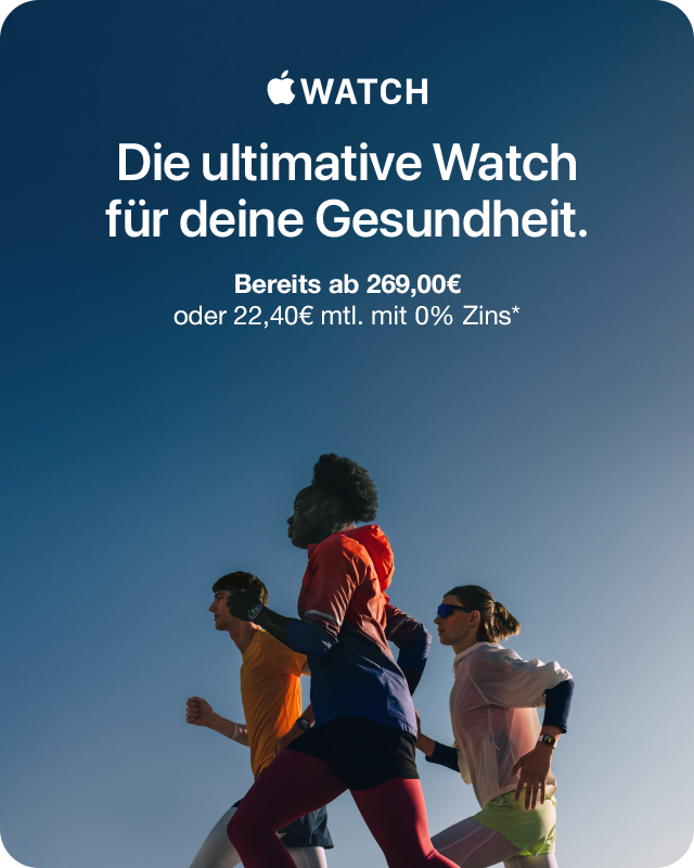 Vier Personen in Sportkleidung laufen im Freien unter freiem Himmel. Der Text über ihnen wirbt für die Apple Watch als das ultimative Gerät für die Gesundheit, mit Preisen ab 269 Euro und monatlichen Zahlungsoptionen zu 0 % Zinsen.