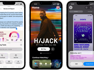 Nebeneinander angeordnete iPhone 17e Geräte mit unterschiedlichen Displays: ein Spiel wird gespielt, Schreibtools, Apple TV App, ein Kalenderereignis wird erstellt, ein Genmoji wird erstellt