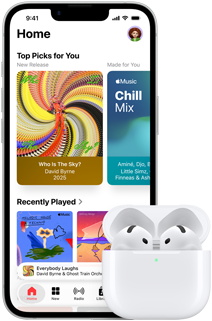 iPhone 17e, Vorderseite, Apple Music App mit geöffnetem Homescreen, neben AirPods Pro 3 im geöffneten MagSafe Ladecase