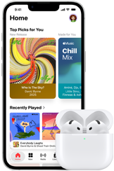 iPhone 17e, Vorderseite, Apple Music App mit geöffnetem Homescreen, neben AirPods Pro 3 im geöffneten MagSafe Ladecase