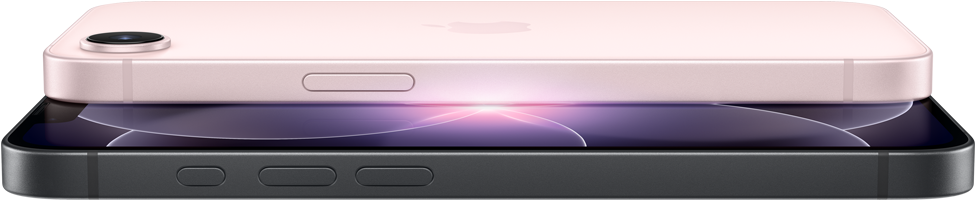 iPhone 17e, horizontale Seiten- und Rückansicht, Hellrosa, iPhone 17e, horizontale Seiten- und Vorderansicht, Schwarz