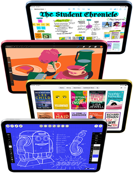 Vorderansicht von iPad Displays zeigt verschiedene Apple Apps und App Store Apps.