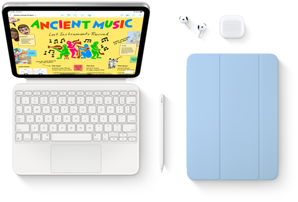 iPad, Magic Keyboard Folio, Apple Pencil, AirPods und Smart Folio sind abgebildet.