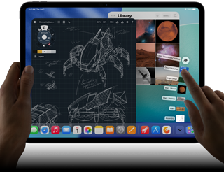 iPad Pro, Farbe Space Schwarz, die linke Hand einer Person hält das Gerät, die rechte Hand passt mit Gesten mehrere geöffnete App Fenster an, darunter eine Zeichenapp mit Skizzen von mechanischen Designs, eine Fotomediathek mit Planeten und Weltraumbildern und Dateien im Download-Ordner, die nach oben hin aufgefächert werden