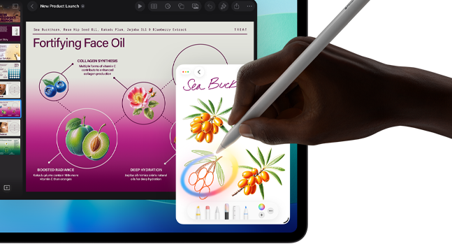 iPad Pro, Vorderseite, das Display zeigt einen Hintergrund mit dunkelblauem und grünem Farbverlauf und mehrere geöffnete Apps, eine Hand hält den Apple Pencil Pro und kreist eine Skizze ein, die das Apple Intelligence Feature „Bildkreation“ zeigt