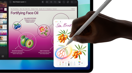 iPad Pro, Vorderseite, das Display zeigt einen Hintergrund mit dunkelblauem und grünem Farbverlauf und mehrere geöffnete Apps, eine Hand hält den Apple Pencil Pro und kreist eine Skizze ein, die das Apple Intelligence Feature „Bildkreation“ zeigt