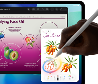 iPad Pro, Vorderseite, das Display zeigt einen Hintergrund mit dunkelblauem und grünem Farbverlauf und mehrere geöffnete Apps, eine Hand hält den Apple Pencil Pro und kreist eine Skizze ein, die das Apple Intelligence Feature „Bildkreation“ zeigt