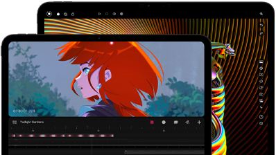 Ein 13" und ein 11" iPad Pro, Vorderansicht, Querformat, Farbe Space Schwarz, gerundete Ecken, schwarzer Displayrand, das 11" Display zeigt das brillante Bild einer Person mit roten Haaren, das 13" Display zeigt bunte Elemente der Bildbearbeitungsoberfläche