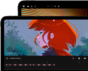 Ein 13" und ein 11" iPad Pro, Vorderansicht, Querformat, Farbe Space Schwarz, gerundete Ecken, schwarzer Displayrand, das 11" Display zeigt das brillante Bild einer Person mit roten Haaren, das 13" Display zeigt bunte Elemente der Bildbearbeitungsoberfläche