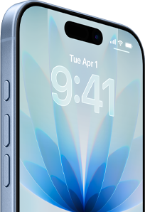 iPhone 17, Vorderansicht, Farbe Nebelblau, Dynamic Island mittig, Tasten: Actiontaste, Lautstärke