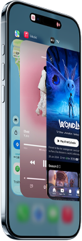 iPhone Air, Vorderseite, Seite, dünnes Profil, Dynamic Island oben Mitte, App-Umschalter wird verwendet, Tasten: Action, Lautstärke