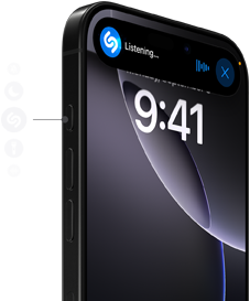 Logos verschiedener Actiontasten Optionen neben einem iPhone 16 Pro in Schwarz Titan, Shazam sucht auf dem Display nach einem Song