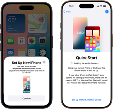 Ein neues iPhone wird neben einem älteren iPhone eingerichtet, wobei das Feature Schnellstart durch eine Datenübertragung leitet