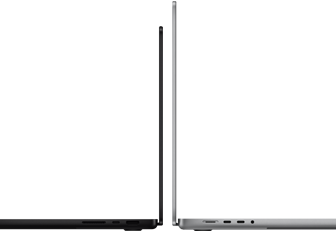 14" und 16" MacBook Pro Geräte stehen mit den Rückseiten zueinander, um den Größenunterschied und das schmale Profil zu verdeutlichen