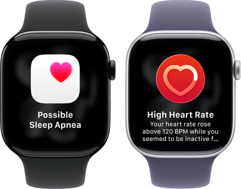 Zwei Smartwatches zeigen Gesundheitswarnungen an: Der linke Bildschirm warnt vor möglicher Schlafapnoe, während der rechte Bildschirm eine hohe Herzfrequenz anzeigt, die bei Inaktivität 120 BPM überschreitet.