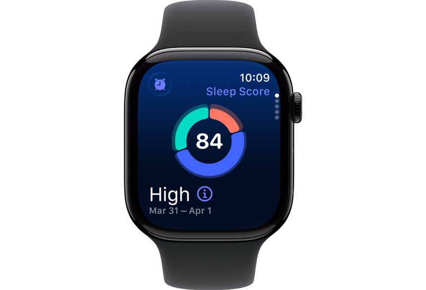 Auf dem Bildschirm einer Smartwatch wird ein Schlafwert von 84 mit einem farbcodierten Kreisdiagramm angezeigt. Der Text lautet Hoch und zeigt den Datumsbereich 31. März - 1. April an. Die Uhrzeit in der oberen rechten Ecke ist 10:09.