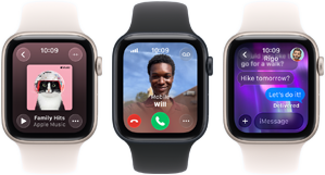 Drei Apple Watch Geräte nebeneinander, eines zeigt die Apple Music App, eines einen eingehenden Telefonanruf und eines eine iMessage Konversation