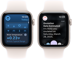 Zwei Apple Watch SE 3 Geräte mit Aluminiumgehäusen in Polarstern zeigen die Vitalzeichen App