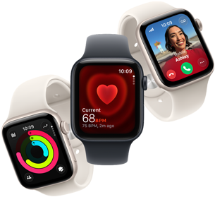 Drei Apple Watch SE 3 Geräte, die nebeneinander schweben