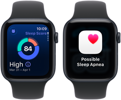 Zwei Apple Watch SE 3 Geräte mit Aluminiumgehäusen in Mitternacht zeigen den Schlafindex und eine Mitteilung zu möglicher Schlafapnoe